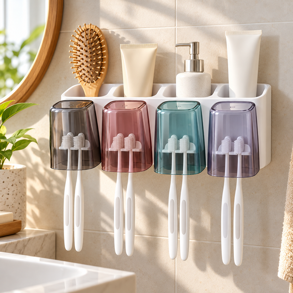 Toothbrush Holder with No-Drill Multi-Slot Organizer for Bathroom – Holds Toothbrushes, Toothpaste and Razor (pack of 4)