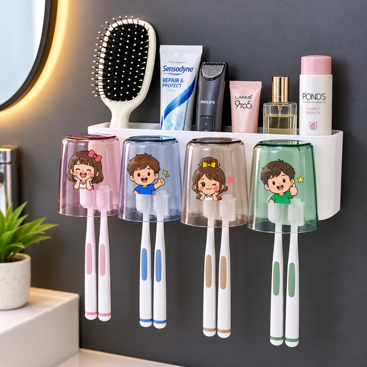Toothbrush Holder with No-Drill Multi-Slot Organizer for Bathroom – Holds Toothbrushes, Toothpaste and Razor (pack of 4)